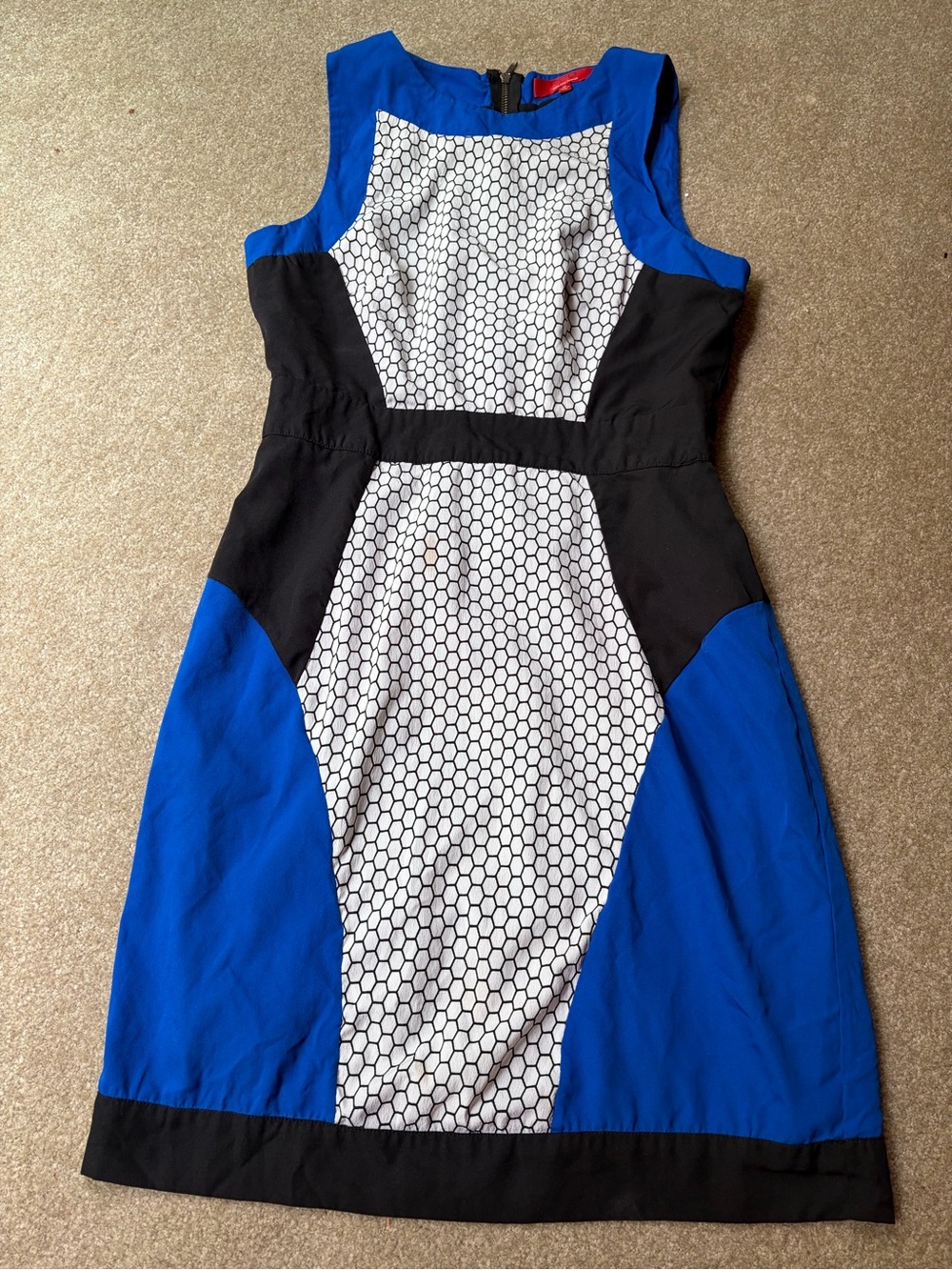 Sleeveless Blue, Black & White Patterned Sheath Dress